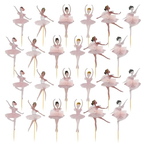 LEIBOCHAO 24 Stück Ballerina Tortendeko Cupcake Topper – Rosa Ballett-Mädchen Kuchen Deko für Hochzeit, Babyshower, Geburtstag, Prinzessinnen-Party, Tortenaufsatz mit Zahnstocher (10x4 cm) von LEIBOCHAO