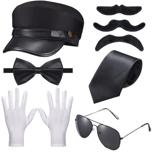 LEIDJGUN Chauffeurhut, Schnurrbärte, Brillen, Fliege, Handschuhe, Set für Halloween, Chauffeur, Rollenspiele, Junggesellinnenabschied, Foto-Requisiten LEIDJGUN Chauffeurhut, Schnurrbärte, Brillen, Fliege, Handschuhe, Set für Halloween, Chauffeur, Rollenspiele, Junggesellinnenabschied, Foto-Requisiten von LEIDJGUN