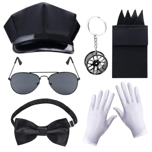 LEIDJGUN Chauffeurhut, Schnurrbärte, Brillen, Fliege, Handschuhe, Set für Halloween, Chauffeur, Rollenspiele, Junggesellinnenabschied, Foto-Requisiten von LEIDJGUN