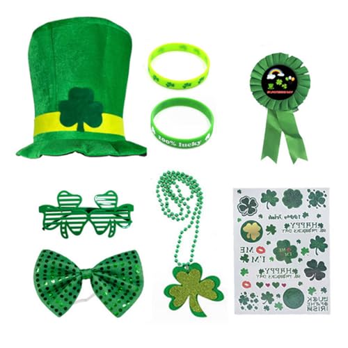 LEIDJGUN Grünes Kostüm-Zubehör für St. Patrick's Day, flache Hut-Halskette, Fliege, irischer Nationalfeiertag, Festival, Requisiten von LEIDJGUN