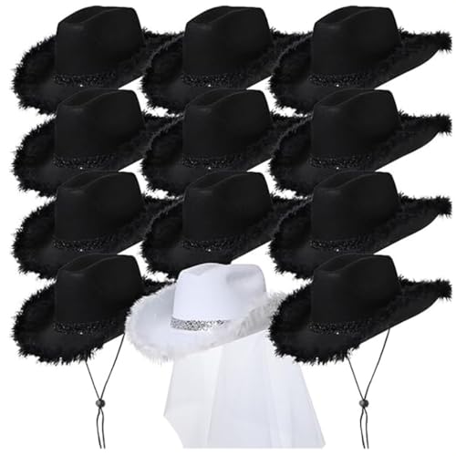LEIDJGUN Junggesellinnenabschied, Hut-Set für Brautparty, Cowgirl-Hut, Hochzeitszubehör, pelzige Krempe, Nachtclub, Kopfbedeckung LEIDJGUN Junggesellinnenabschied, Hut-Set für Brautparty, Cowgirl-Hut, Hochzeitszubehör, pelzige Krempe, Nachtclub, Kopfbedeckung von LEIDJGUN