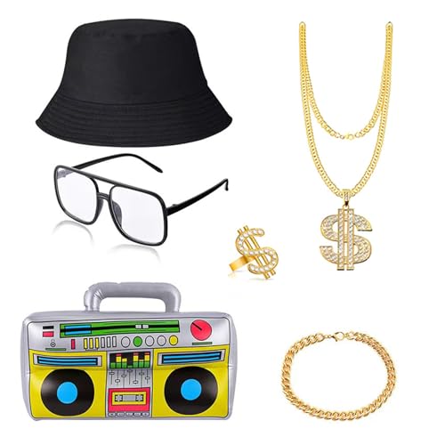LEIDJGUN Kostümzubehör-Set 80er 90er Rapper Kostüm Set Eimer Hut Radio Halskette Brille für Mottoparty LEIDJGUN Kostümzubehör-Set 80er 90er Rapper Kostüm Set Eimer Hut Radio Halskette Brille für Mottoparty von LEIDJGUN