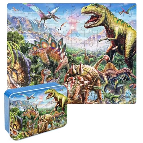 LELEMON Puzzles für Kinder von 4-8 Jahren, 100 Teile Tyrannosaurus Puzzle für Kinder, Lernpuzzle für Kinder von 6 bis 8 Jahren, Puzzle in einer Metallbox, Puzzles von LELEMON