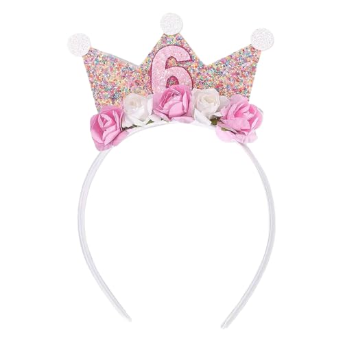 LEMLIN 6 Jahr Geburtstagskrone, Crown 6 Jahr Geburtstag Mädchen mit Rose Blumen, Mädchen Geburtstag Stirnband mit Glitzer Zahlen, für Geburtstagsparty-Dekorationsgeschenk von LEMLIN
