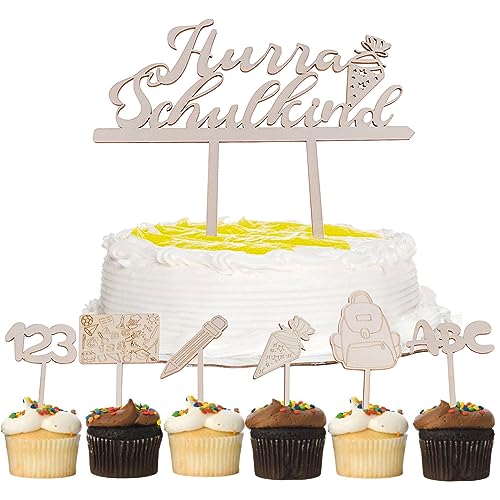 7 Stück Holz Tortendeko Einschulung, Kkuchendeko Schulanfang, Cake Topper Einschulung für Schulkind Schulanfang 2023 Junge und Mädchen Einschulungsfeier von LEMONSTONE