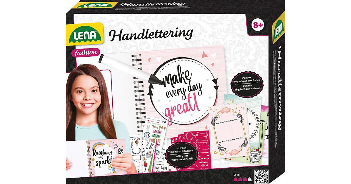 Handlettering-Set inkl. Stifte, Ringbuch, Schablonen, Postkarten & Sticker Handlettering-Set inkl. Stifte, Ringbuch, Schablonen, Postkarten & Sticker von LENA