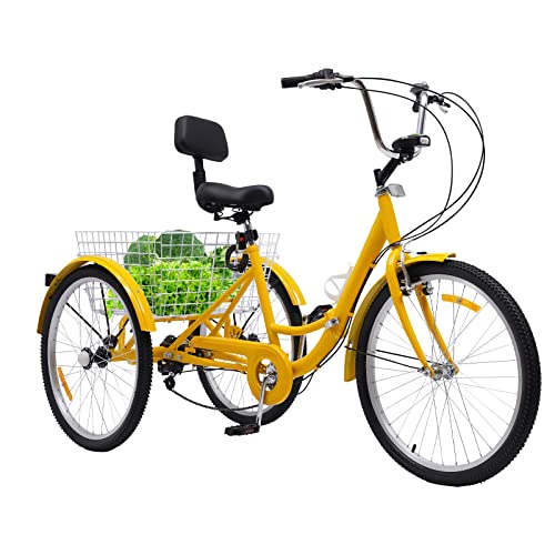 LENJKYYO 24-Zoll 7-Gang 3 Räder Fahrrad Dreirad Erwachsene Faltbares mit Einkaufskorb für Erwachsene Adult Tricycle Dreirad Fahrrad Klappdreirad ((Gelb)) von LENJKYYO