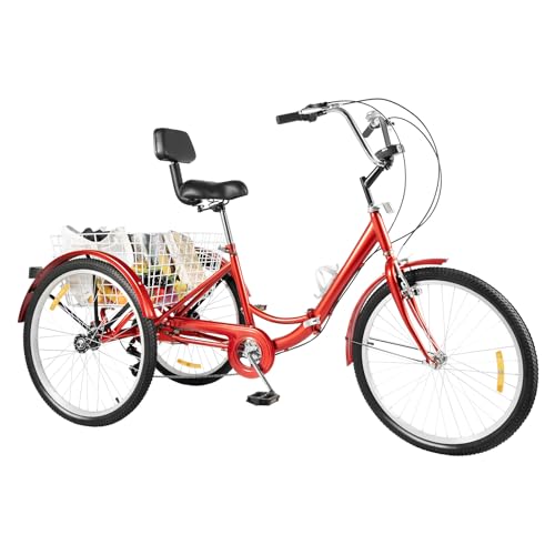 LENJKYYO 24-Zoll 7-Gang 3 Räder Fahrrad Dreirad Erwachsene Faltbares mit Einkaufskorb für Erwachsene Adult Tricycle Dreirad Fahrrad Klappdreirad ((Rot)) von LENJKYYO