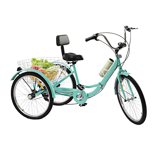 LENJKYYO 24-Zoll 7-Gang 3 Räder Fahrrad Dreirad Erwachsene Faltbares mit Einkaufskorb für Erwachsene Adult Tricycle Dreirad Fahrrad Klappdreirad ((Türkis)) von LENJKYYO