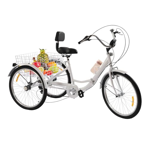 LENJKYYO 24-Zoll 7-Gang 3 Räder Fahrrad Dreirad Erwachsene Faltbares mit Einkaufskorb für Erwachsene Adult Tricycle Dreirad Fahrrad Klappdreirad ((Weiß)) von LENJKYYO