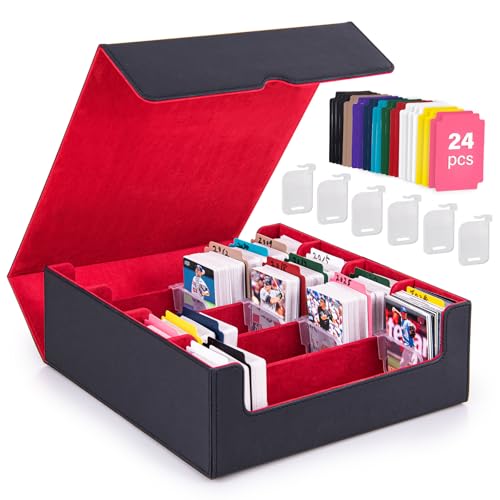 LENSEMUS Sammelkarten-Aufbewahrungsbox – 4 Reihen MTG-Deck-Box, 3000+ TCG-Deck-Hülle hat 6 Kartenbefestigungsfächer und 24 bunte Trennwände, Lederhülle für magisches Spiel (rot) von LENSEMUS