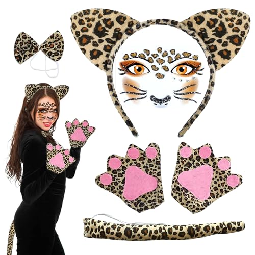 6 Stück Leoparden Kostüm Zubehör, Leopardenkostüm Cosplay Set, Leopard Ohren Stirnband, Fliege, Leoparden Handschuhe, Schwanz, Leopard Gesicht Aufkleber, Tier Verkleiden Set für Karneval Halloween 6 Stück Leoparden Kostüm Zubehör, Leopardenkostüm Cosplay Set, Leopard Ohren Stirnband, Fliege, Leoparden Handschuhe, Schwanz, Leopard Gesicht Aufkleber, Tier Verkleiden Set für Karneval Halloween von LEOEASIY
