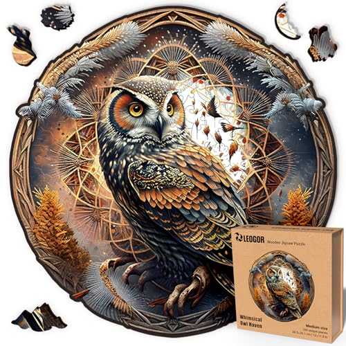 LEOGOR Whimsical Owl Haven – Holzpuzzle Erwachsene Eule, 200 Teile – 30,5 × 30,1 cm – 5 mm Dickes Holz, handgeformte Teile, rundes Mosaikdesign – Magisches Holz Puzzle für Puzzle-Liebhaber von LEOGOR