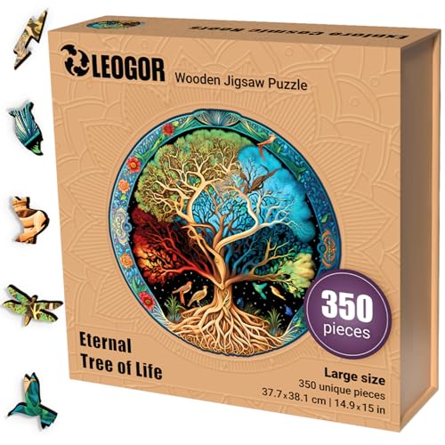 LEOGOR Eternal Tree of Life – Holzpuzzle Erwachsene Baum des Lebens, 350 Teile – 37,7 × 38,1 cm – 5 mm dickes Holz, handgeformte Teile, rundes Mosaikdesign – Magisches Holz Puzzle für Puzzle-Liebhaber von LEOGOR