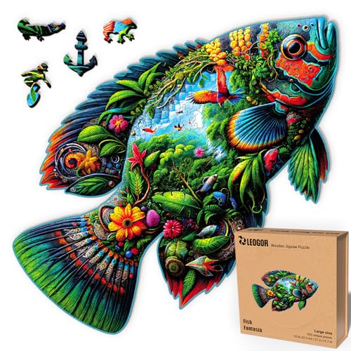 LEOGOR Fish Fantasia – Holzpuzzle Erwachsene Fisch, 350 Teile – 53,8 × 32,3 cm – 5 mm Dickes Holz, handgeformte Teile, Tierförmiges Mosaikdesign – Magisches Holz Puzzle für Puzzle-Liebhaber von LEOGOR
