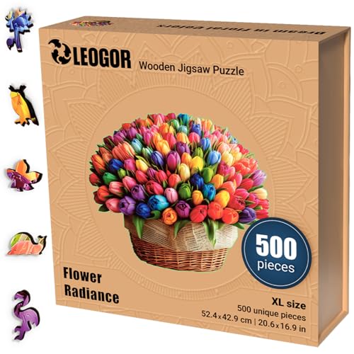 LEOGOR Flower Radiance – Holzpuzzle Erwachsene – Blumenpuzzle mit Tulpen, 500 Teile – 52,4 × 42,9 cm – 5 mm Dickes Holz, handgeformte Teile, Magisches Holz Puzzle für Puzzle-Liebhaber von LEOGOR