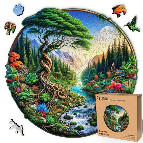 LEOGOR Majestic Landscape – Holzpuzzle Erwachsene Naturlandschaft, 350 Teile – 38,1 × 37,1 cm – 5 mm Dickes Holz, handgeformte Teile, rundes Mosaikdesign – Magisches Holz Puzzle für Puzzle-Liebhaber von LEOGOR