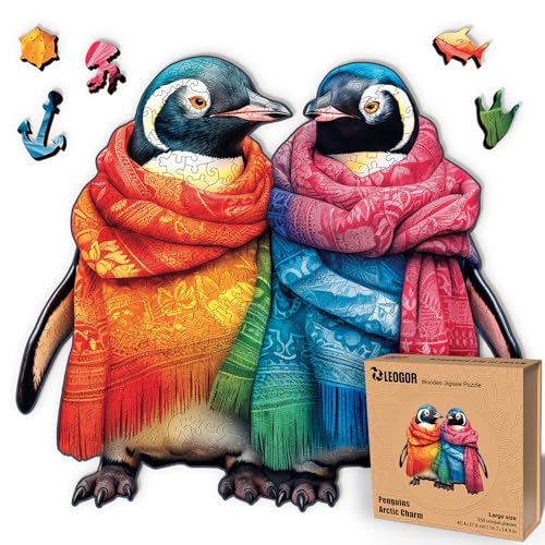 LEOGOR Penguins Arctic Charm – Holzpuzzle Erwachsene Pinguine, 350 Teile – 42,4 × 37,9 cm – 5 mm dickes Holz, handgeformte Teile, Tierförmiges Mosaikdesign – Magisches Holz Puzzle für Puzzle-Liebhaber von LEOGOR