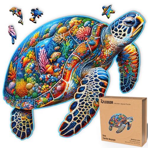 LEOGOR Sea Turtle Voyage – Holzpuzzle Erwachsene Meeresschildkröte, 200 Teile – 40,6 × 26,5 cm – 5 mm Dickes Holz, handgeformte Teile, Tierförmiges Magisches Holz Puzzle für Puzzle-Liebhaber von LEOGOR
