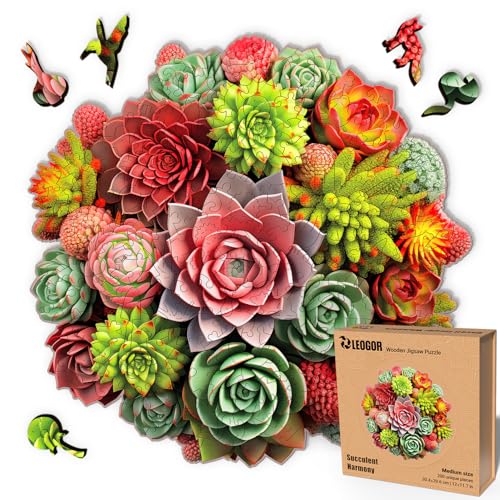 LEOGOR Succulent Harmony – Holzpuzzle Erwachsene – Blumenpuzzle mit Sukkulenten, 200 Teile – 30,4 × 29,6 cm – 5 mm Dickes Holz, handgeformte Teile, Magisches Holz Puzzle für Puzzle-Liebhaber von LEOGOR