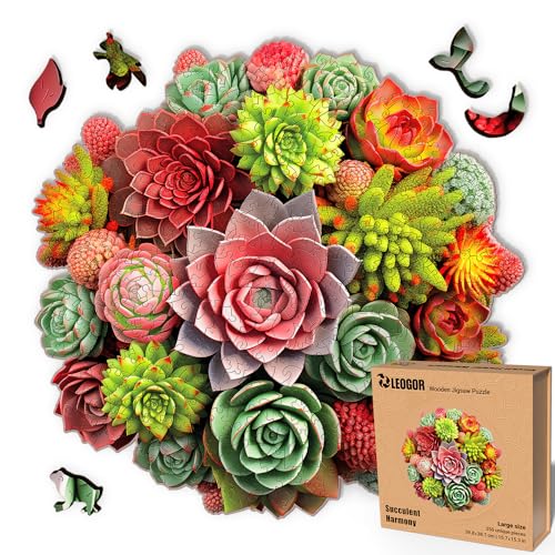 LEOGOR Succulent Harmony – Holzpuzzle Erwachsene – Blumenpuzzle mit Sukkulenten, 350 Teile – 39,8 × 38,7 cm – 5 mm Dickes Holz, handgeformte Teile, Magisches Holz Puzzle für Puzzle-Liebhaber von LEOGOR