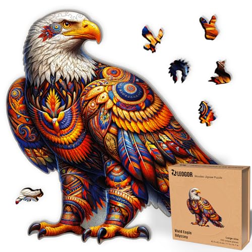 LEOGOR Vivid Eagle Odyssey – Holzpuzzle Erwachsene Adler, 350 Teile – 43,9 × 42,4 cm – 5 mm Dickes Holz, handgeformte Teile, Tierförmiges Mosaikdesign – Magisches Holz Puzzle für Puzzle-Liebhaber von LEOGOR