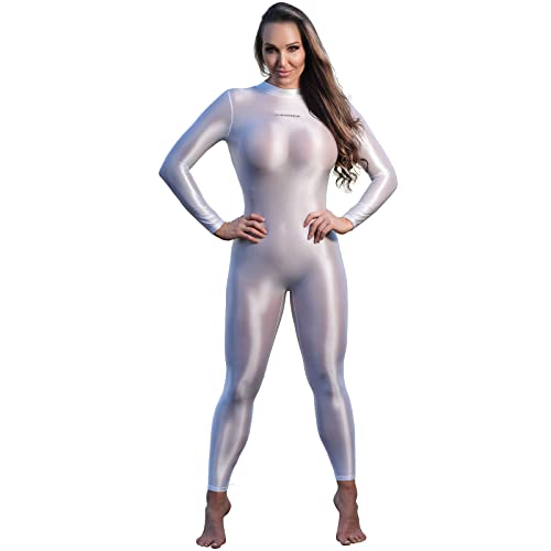 LEOHEX Sexy Hot Sheer Bodysuit Satin Glänzender Catsuit Damen Transparenter Kostüm Ganzanzug Durchsichtige Overalls(L,Weiß) von LEOHEX