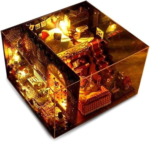 LEONYS 3D-Puzzles, DIY-Weihnachts-Miniatur-Puppenhaus-Set, realistisches Mini-3D-Holzhaus, Zimmerhandwerk mit Möbeln, LED-Leuchten mit Staubschutz, Kindertag, Geburtstagsgeschenk, Weihnachtsdekoration von LEONYS