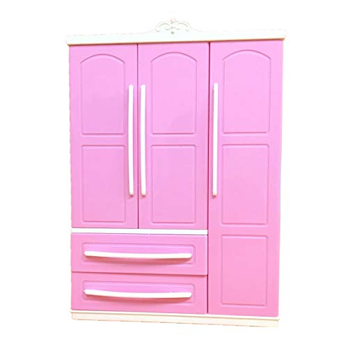 LERONO Dreitüriger rosa moderner Kleiderschrank für Spielset für Barbi-Möbel kann Schuhe anziehen, dunkelgrünes Garn von LERONO
