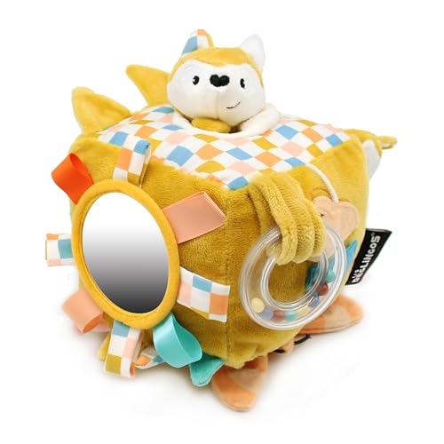 LES DÉGLINGOS - Aktivitätswürfel aus Stoff Cyranos der Fuchs – Spielzeug mit Ton und Touchscreen für Babys – Entwicklungsspielzeug – Geschenk zur Geburt – 12 cm – Senfgelb von LES DÉGLINGOS