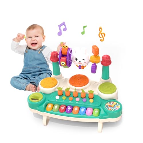 LESSETI Baby-Klavier mit Hase, interaktives Lernzentrum, 10-in-1-Tastatur und Schlagzeug-Set von LESSETI