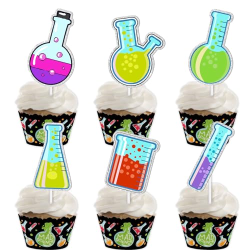 18 Stück bunte Glitzer-Dessert-Cupcake-Topper, Chemie-Experimente, Themendekoration, Zubehör für Jungen und Mädchen, Babyparty, Happy Birthday Party Dekorationen von LETLIMIT