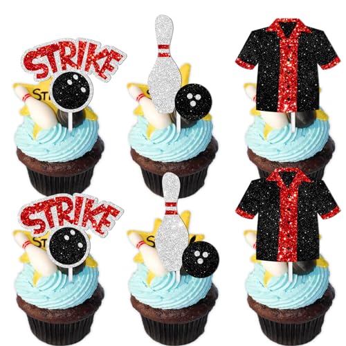 18 Stück schwarze Glitzer-Bowling-Dessert-Cupcake-Topper, Bowling-Schlag, Unterhaltung, Thema-Dekoration, Babyparty, Jungen, Mädchen, Happy Birthday-Party-Dekorationen von LETLIMIT