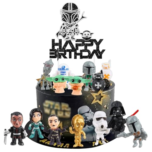 LETSHOLD 15 Stück Sta War Tortendeko mit Mini Figuren, Sta War Kuchen Deko Junge, Cake Toppers Kindergeburtstag, Happy Birthday Topper für Kinder Geburtstag Party Kuchen Dekoration (A) von LETSHOLD