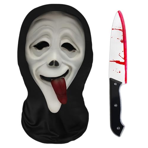 LETSHOLD 3D-Druck Screm Maske Halloween Erwachsene, Horror Ghost Face Vollgesichtsmaske mit Fake Messer, Scary Movie Mask Set für Halloween Karneval Cosplay Party (D) von LETSHOLD