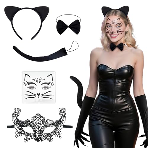 LETSHOLD 5 Teiliges Set Catwoman Kostüm Damen Halloween, Katzen Kostüm Accessoires für Frauen und Mädchen für Halloween Karneval Tier Cosplay (A) von LETSHOLD