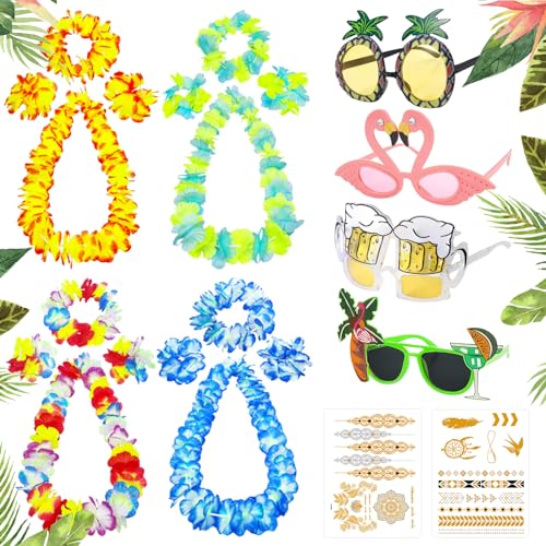 LETTERASHQP 10 Stück Hawaii Party Kostüm Set, Hawaiian Party Zubehör mit 4 Hawaii Kette Blumen 4 Tropical Sonnenbrille 2 Temporäre Tattoos für Tropische Beachparty Deko Hawaiian Strandurlaub von LETTERASHQP