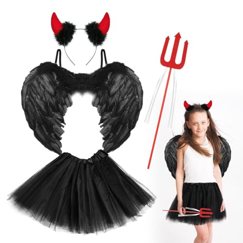 LETTERASHQP 4 Stück Engel Kostüm Kinde, Kinder Mädchen Engel ,Teufelsflügel + Gabel + Stirnband+Röcke für Kostümparty für Halloween Karneval Cosplay Party-Schwarz und Rot von LETTERASHQP