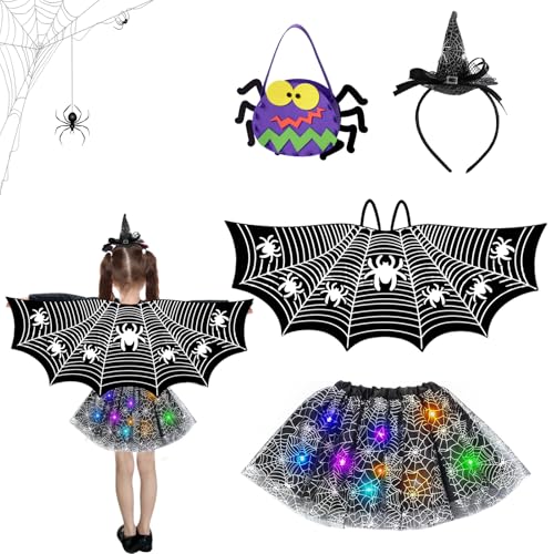 LETTERASHQP Halloween Kostüm Mädchen LED Spinnenkostüm für Kinder Halloween Umhang Kinderkostüm Spinne Kinder Halloween Kostüm Kinders lchtend Rock mit Süßigkeitenkorb und Haarband von LETTERASHQP