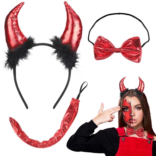 LETTERASHQP 3tlg Teufelshörner Kostüm Set, Teufel Kostüm Kit, Teufelsschwanz, Teufelshörner Kinder, Teufelshörner Kostüm Set für Erwachsene Karneval Halloween Cosplay Maskerade Party von LETTERASHQP