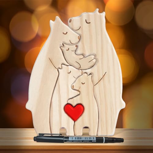 LETTERASHQP Holz Bär Skulpturen,Personalisiertes Holzkunstpuzzle, Desktop Ornament Home Tischdekoration für Familie Andenken Geschenke (5 Bären) von LETTERASHQP