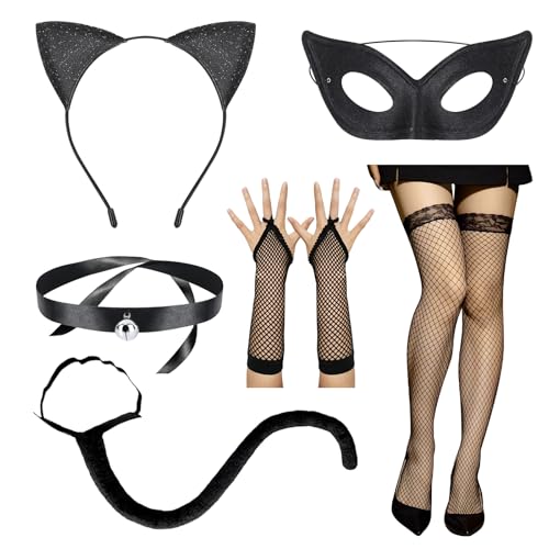 LETTERASHQP Katzenkostüm Damen Set - Katzenohren Haarreif, Katzenschwanz, Zubehör für Erwachsene, Tier Kostüm Mit Netzstrümpfe für Halloween Cosplay Party von LETTERASHQP