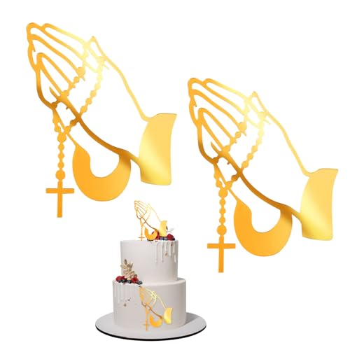 LETTERASHQP 2 Stück Tortendeko Kommunion Gold Kreuz Tortendeko Kommunion, Gold Acryl Gefaltete Hände, Tortendeko Taufe Cake Topper Kommunion für Taufe Hochzeit Geburtstag Babyparty Kommunion von LETTERASHQP