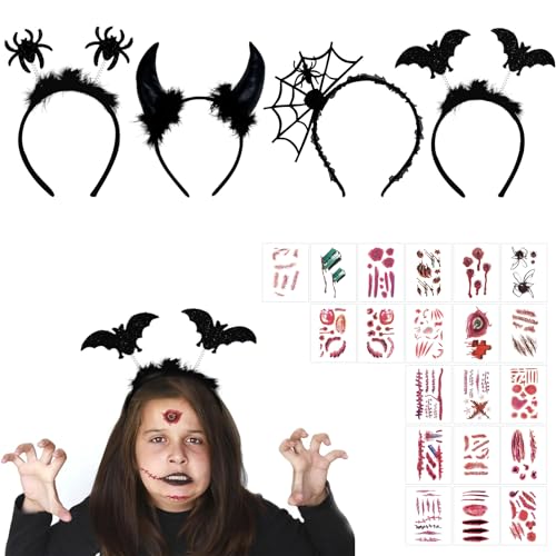 LETTERASHQP 4 Stück Haarreifen Fledermaus Kinder,Fledermaus Kopfschmuck,20 Halloween Narben Tattoos für Grusel Horror Halloween Karneval Kostüm für Erwachsene von LETTERASHQP
