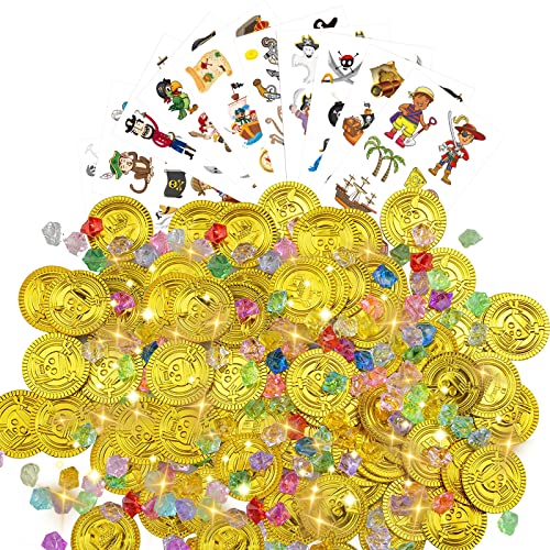 LETTERASHQP Goldmünzen Edelsteine Kinder 160 Piratenschatz 50 Goldmünzen Piratenschatz 100 Piraten Edelsteine mit 10 Piraten Tattoo Kinder Edelsteine für Kindergeburtstag Piraten Deko von LETTERASHQP
