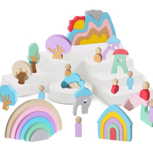 LETTERASHQP Regenbogen Holz Stapelturm Baby Stapelspiel Stapelsteine Stapelspielzeug Holzbausteine Stapelturm Steckspiel Sortierspiel Lernspielzeug Motorikspielzeug Stapelturm ab 1 2 3 4 5 Jahr von LETTERASHQP