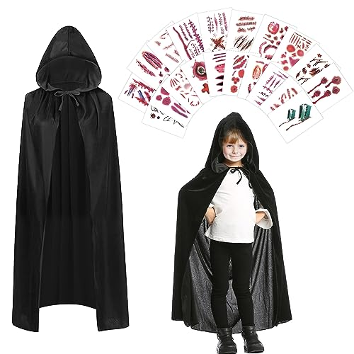 LETTERASHQP Schwarzer Umhang Kinder,Umhang Halloween Kinder+20 Blatt Tattoo Wunden Halloween für Karneval Halloween Cosplay Kostüm (90cm) von LETTERASHQP