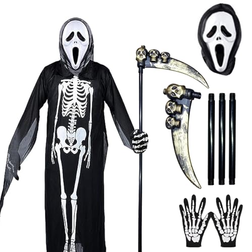 LETTERASHQP Sensenmann Kostüm,Halloween Kostüm Kinder Sensenmann Kette,Sensenmann Mantel Geeignet Halloween Party Maskerade mit Schädelmaske Handschuhen Sense, 120gujia, Schwarz von LETTERASHQP
