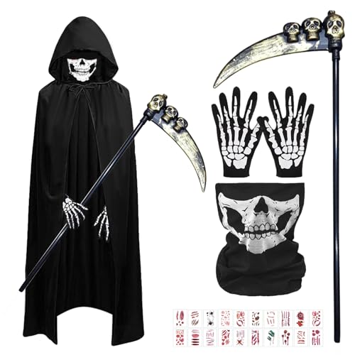 LETTERASHQP Sensenmann Kostüm Kinder, Halloween Kostüm Junge, Mantel Geeignet für Halloween Tattoo Gesicht von LETTERASHQP