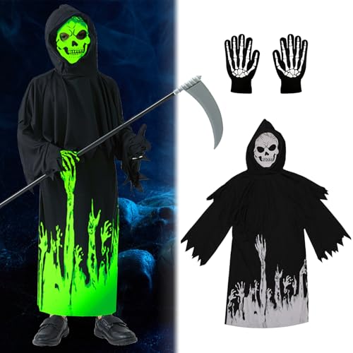 LETTERASHQP Sensenmann Kostüm Kinder 140cm Halloween Leuchtenden Skelett Scream Jungen Mit Sense von LETTERASHQP